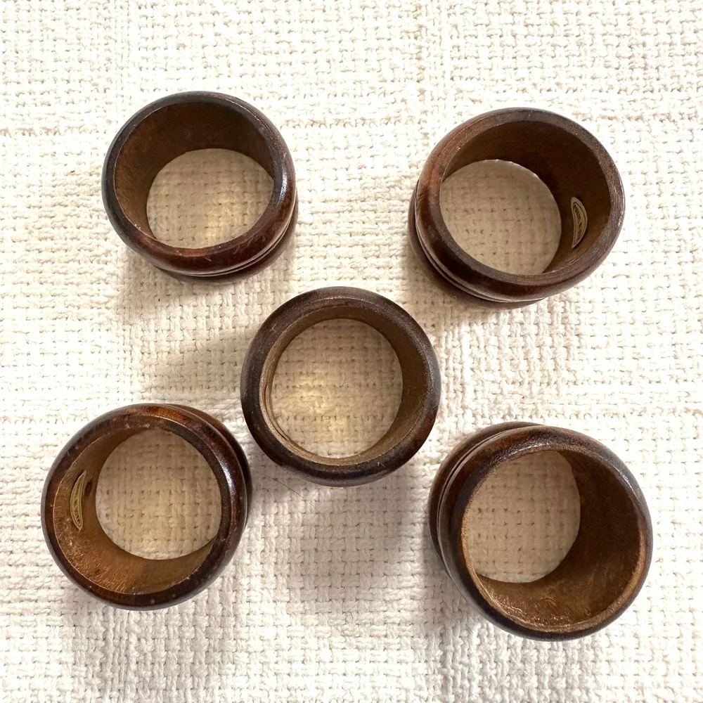 VTG‎ Ribbed Wood Napkin Rings Set of 5 MCM Boho Rustic Table Decor Barrel Shape